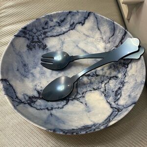 Blue marble melamine salad bowl and blue plastic salad servers